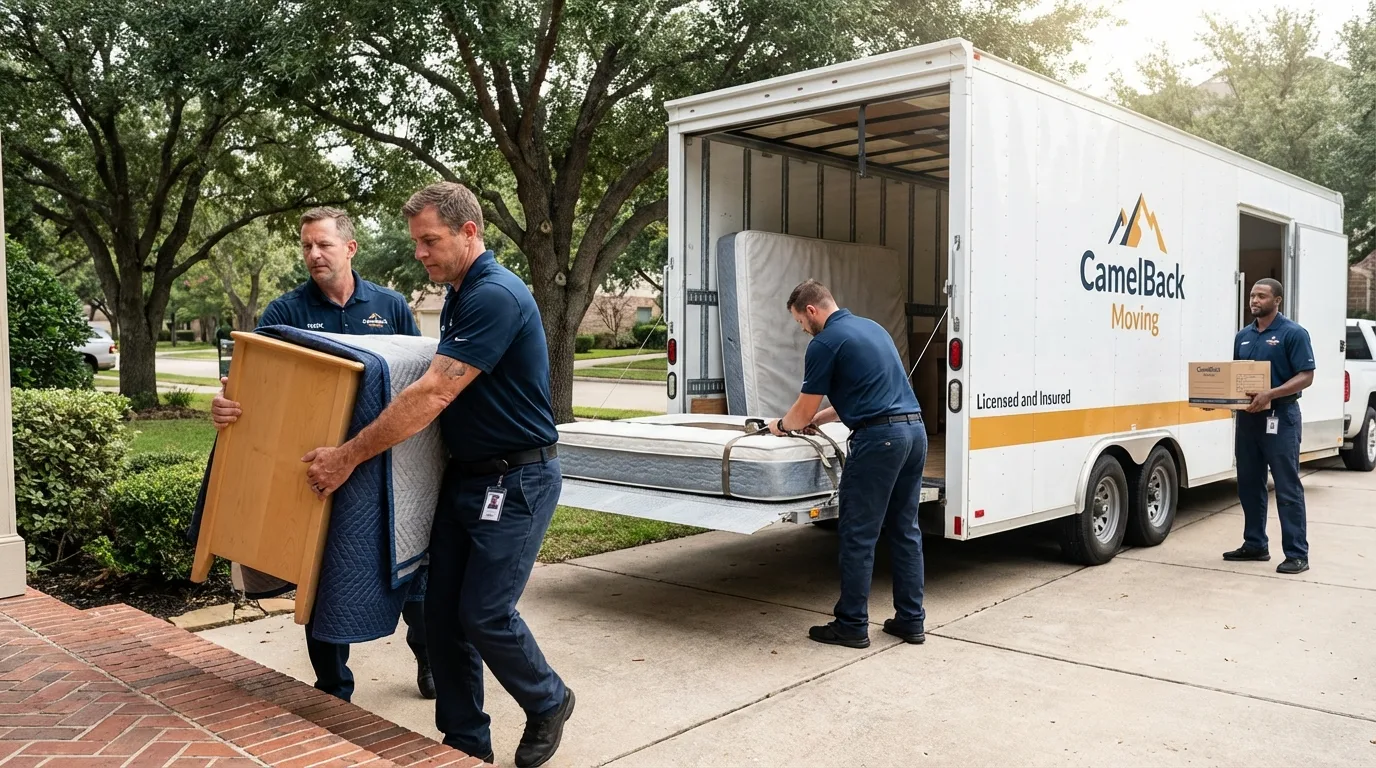 Crew loading residential truck for cross-state move from Eagle Lake, TX