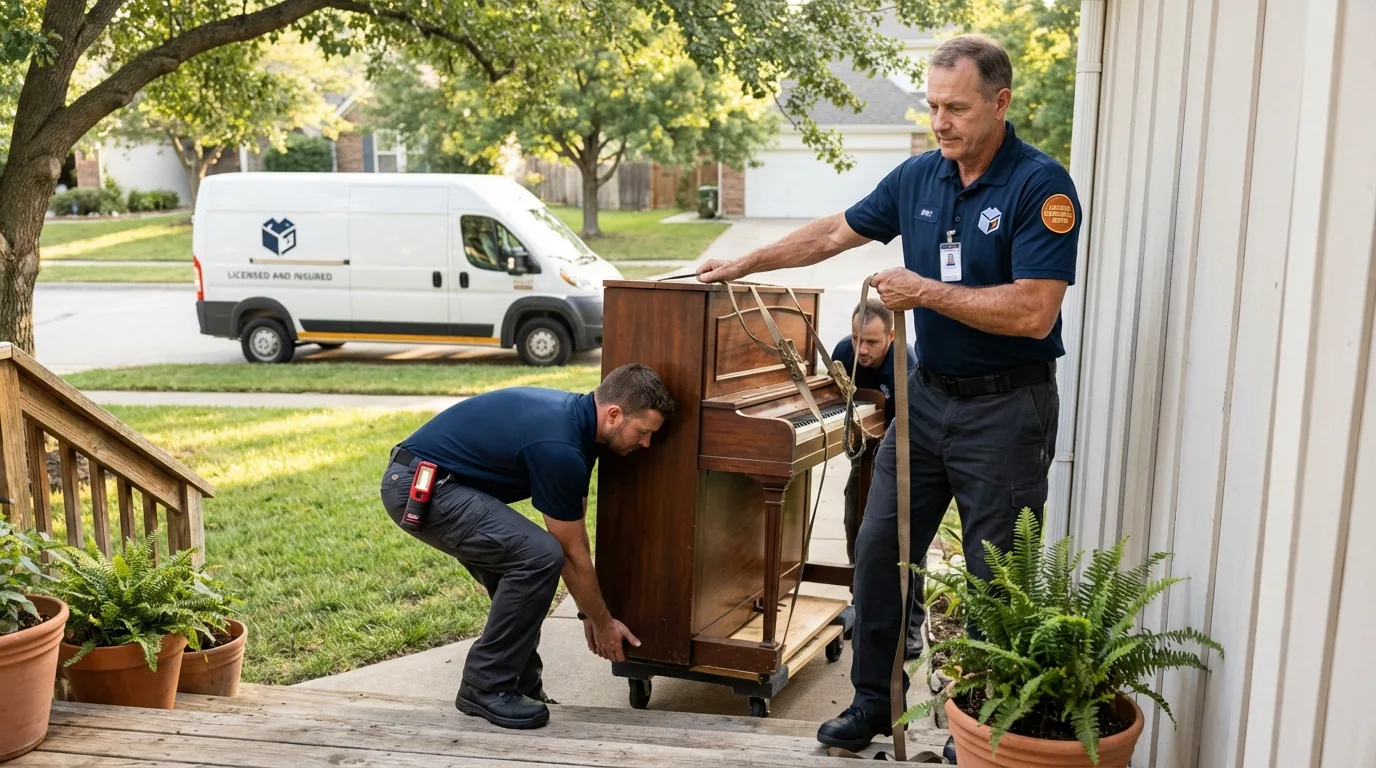 Licensed piano movers securing grand piano in Eagle Lake, TX