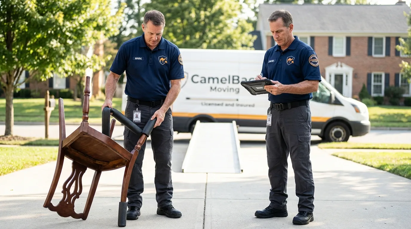 Movers inspecting furniture for damage prevention before loading in Eagle Lake, TX