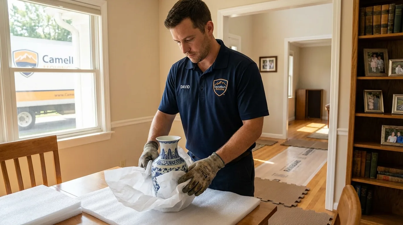 Professional crew carefully wrapping antique vase for senior downsizing move in Eagle Lake, TX